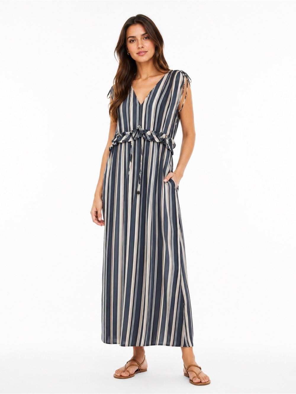 Shore V Neck Blue White Stripe Maxi Dress Tie Waist Sleeveless Coastal M